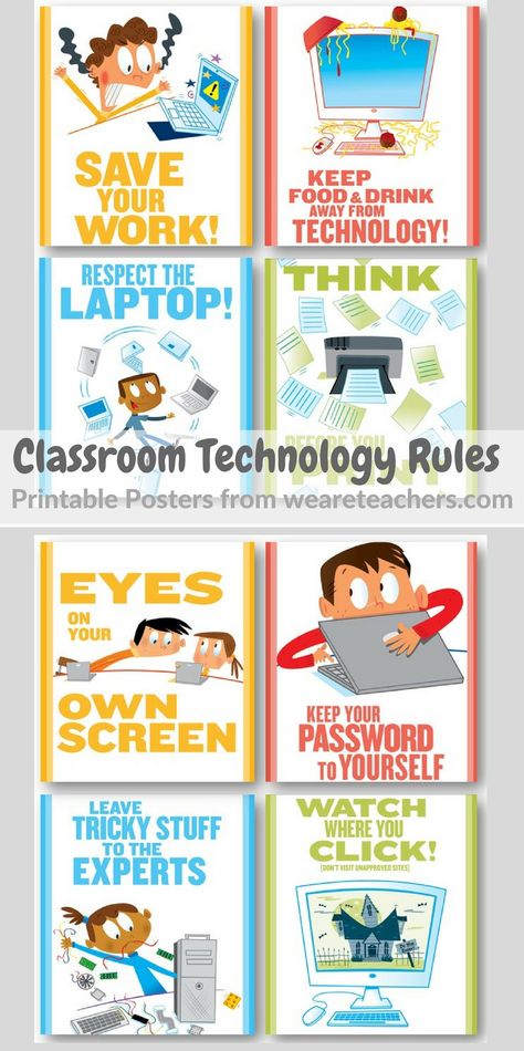 Classroom Technology Rules and Etiquette Posters from weareteachers.com. Printable and Free. Computer Lab Rules Printable, Rules Of Netiquette Poster, Netiquette Poster, Technology In Classroom, Computer Rules, Technology Rules, Computer Lab Rules, Middle School Posters, Technology Classroom