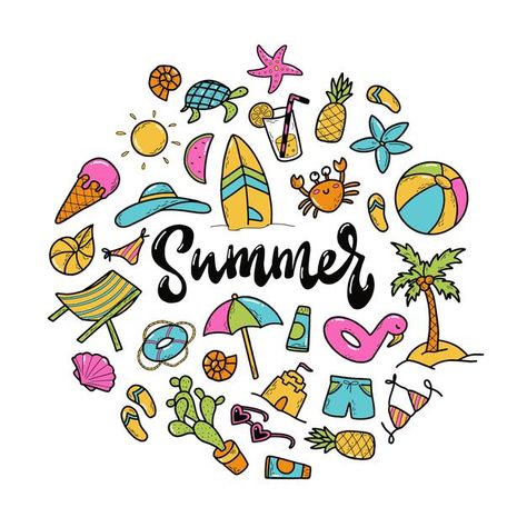 Summer Cartoon Aesthetic, Line Cartoon, Summer Profile, Summer Elements, Kindergarten Projects, Summer Cartoon, Food Cartoon, Summer Illustration, Hand Drawn Illustration