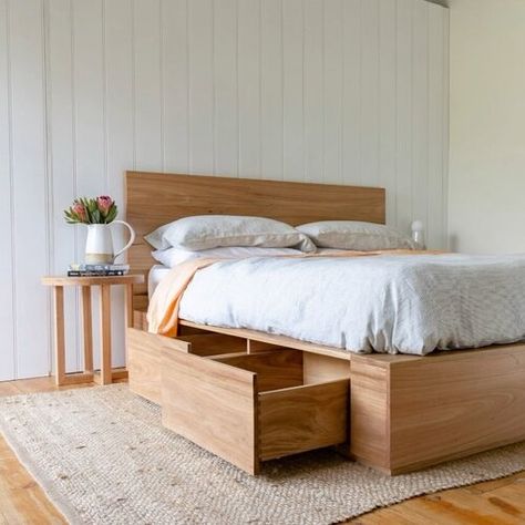 Simple Bed Frame With Storage, Bedframes With Storage, Wood Bed Frame With Storage, Bedding Ideas Aesthetic, Bedframe With Storage, Styling Bedding, Bed Ideas Aesthetic, Bedding Set Ideas, Bed Frame Storage