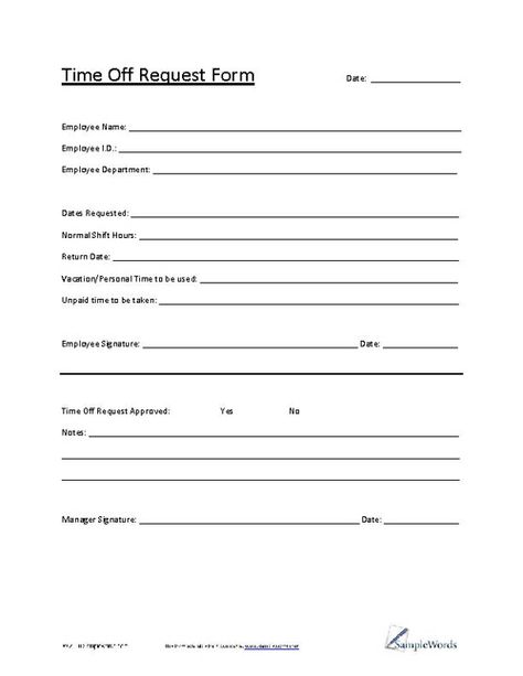 With this form, the employee can submit their vacation requests to the supervisors. This form documents the days that the employee would like to be gone from work as well as what their regular shift may be so that the manager can ensure coverage over the employee's shift. Babysitting Forms, Time Off Request Form, Time Sheet Printable, Employment Form, Starting A Daycare, Bookkeeping Business, Employee Handbook, Publisher Clearing House, Restaurant Management