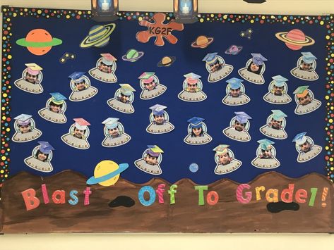 Preschool Graduation Space Theme, Kindergarten Graduation Space Theme, Out Of This World Graduation Theme, Outer Space Graduation Theme, Preschool Graduation Theme Ideas, Space Graduation Theme, Pre K Graduation Themes, Prek Graduation Theme Ideas, Alien Bulletin Board