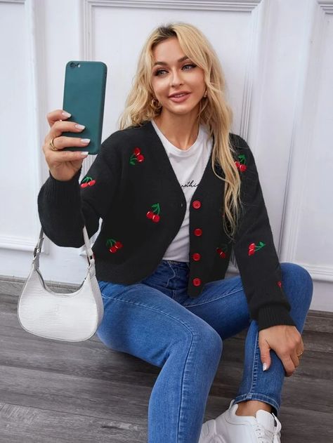 SHEIN Cherry Embroidered Drop Shoulder Cardigan for Sale Australia| New Collection Online| SHEIN Australia Girls Cardigan Sweater, Shoulder Cardigan, Raglan Sleeve Sweater, Drop Shoulder Cardigan, Capsule Wardrobe Outfits, Leopard Print Cardigan, Belted Cardigan, Cardigan Sweaters, Solid Sweaters