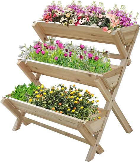 LZRS 3 tier raised garden bed is made of high quality fir wood, which is durable enough to provide strong support to your plants, and it can be used for a long time.A-shaped legs make the structure more stable. This planter box has ample space for your flowers, herbs and vegetables. Raised garden beds absorb more of the sun’s heat.Overall Dimensions:35" L x 22" W x 36" HSUPERIOR DRAINAGE: Each of vertical garden bed have 2 drainage holes at the bottom of the pot for optimal drainage. Wooden Raised Garden Bed, Flower Rack, Raised Planter Beds, Planter Beds, Garden Frame, Raised Planter, Wooden Flowers, Fir Wood, Garden Bed