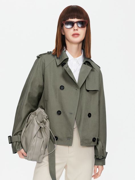 Short Coat Outfit, Short Trench Coat Women, Casual Leather Jacket Outfit, Cropped Trench Coat, Short Trench Coat, Trench Coat Outfit, Double Breasted Trench Coat, Leather Jacket Outfits, Green Coat