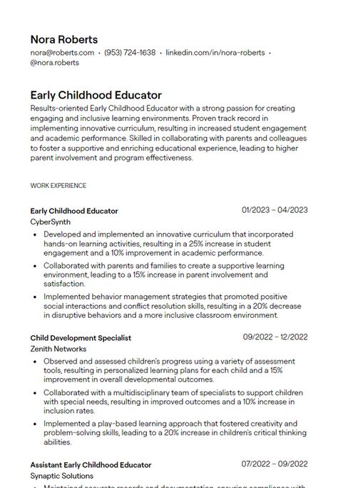 Check out Early Childhood Educator resume examples to showcase your ability to nurture young children, develop age-appropriate curricula, and create safe learning environments, helping your application impress hiring managers in preschools and childcare centers. Learn what essential child development and educational skills to include on an Early Childhood Educator resume to highlight your expertise. | early childhood educator resume, preschool teacher resume, childcare professional resume Preschool Teacher Resume, Early Childhood Educator, Conflict Resolution Skills, Resume Guide, Behavior Management Strategies, Education Resume, Parent Involvement, Curriculum Development, Teacher Assistant