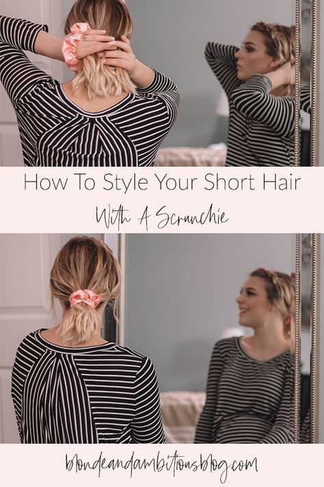 Learn how to style your short hair with a #scrunchie!!! #scrunchiehair #hairscrunchie #shorthairstyles #scrunchiestyles Scrunchie Short Hairstyles, Scrunchie Short Hair, Scrunchies Short Hair, Ways To Wear A Scrunchie, Scarf Scrunchie Hairstyles Short Hair, Short Hair Scrunchie Hairstyles, Scrunchie Hairstyles Short Hair, Pinup Hair Tutorial, Blowout Hair Tutorial