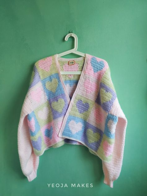 Hearts Cardigan, Heart Cardigan, Spring Projects, Oversized Cardigan, Heart Patterns, Fiber Arts, Crochet Clothes, Acrylic Yarn, Pastel Colors