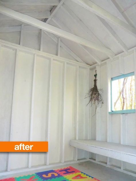 Before & After: A Smelly Garden Shed Turned Bright Playhouse — Perry Moffit Outdoor Shed Playhouse, Turning Shed Into Playhouse, Turn Shed Into Playhouse, Shed Turned Into Daycare, Shed Playhouse Interior, Play House Interior Ideas Kids, Shed Turned Playhouse, Shed Into Playhouse, Backyard Clubhouse