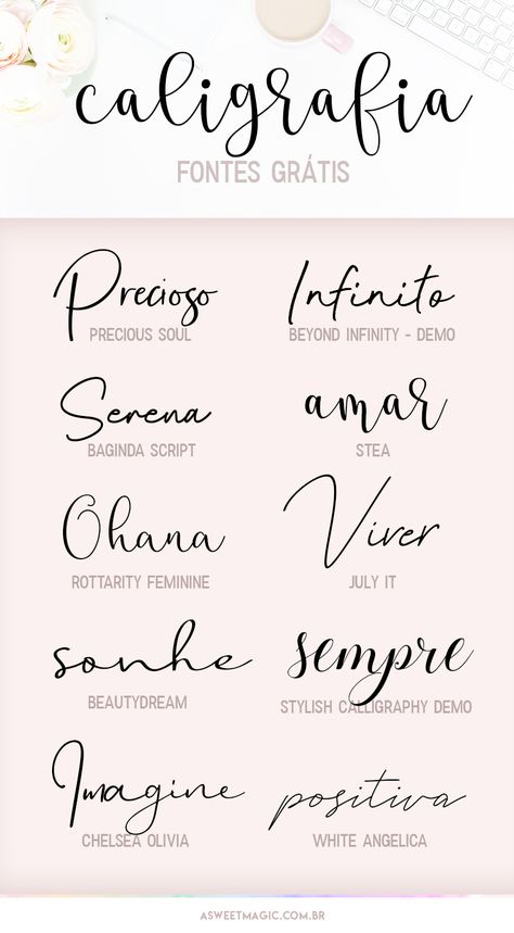 Grátis! Fontes finas de Caligrafia para usar em Designs e Tatuagens - Sweet Magic Sweet Magic, Free Script Fonts, Cricut Fonts, Lettering Tutorial, Beautiful Fonts, Handwritten Fonts, Calligraphy Fonts, Instagram Blog, Tattoo Fonts