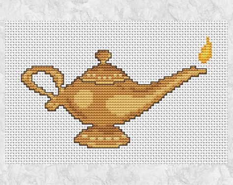 Genie Lamp, Aladdin Lamp, Disney Cross Stitch, Tatting Patterns, Aladdin, Cross Stitch Pattern, Cross Stitch Embroidery, Stitch Pattern, Embroidery Stitches