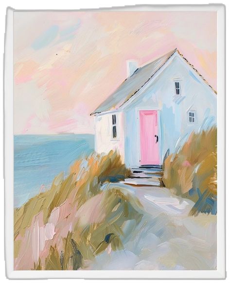 Coastal Photos, Beach House Artwork, Beach Goals, Pink Coastal, White Beach House, Cottage Wall Art, England House, Door Painting, Ocean Drawing