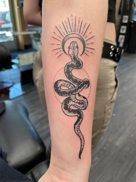 Crescent moon, snake, sun rays, tattoo, minimal Snake With Sun And Moon Tattoo, Snake And Crescent Moon Tattoo, Moon Rays Tattoo, Snake Sun Tattoo, Snake And Sun Tattoo, Kundalini Snake Tattoo, Snake And Moon Tattoo, Dave Tattoo, Kundalini Serpent