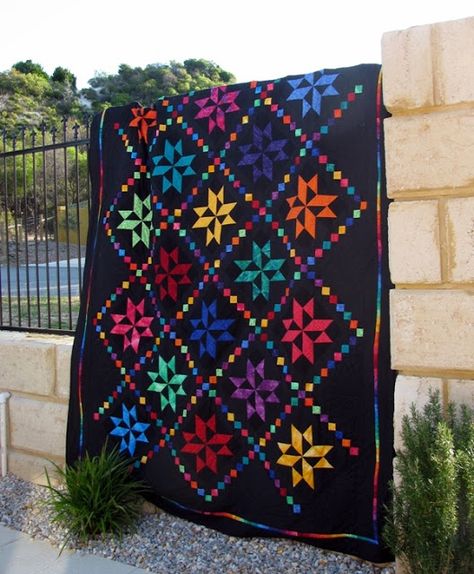 Quilt Story: Great quilt finish from Quokka Quilts... Amish Quilt Patterns Black Backgrounds, Quilt With Black Background, Quilts With Black Background Fabric, Quilts With Black Background, Jewel Box Quilt, Birthday Quilt, Amish Quilt Patterns, Rainbow Quilts, Quilt Stories