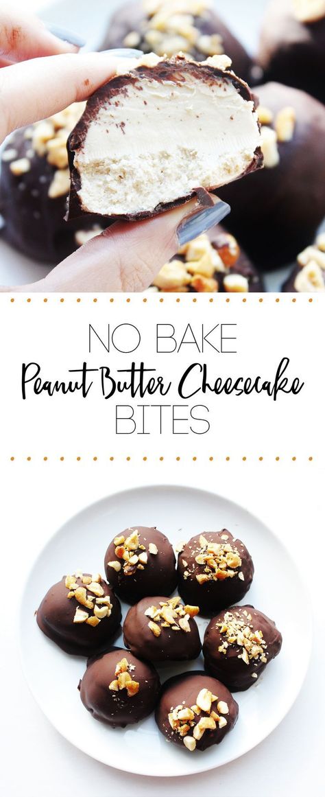 Peanut Butter Cheesecake Bites- No bake, 5 ingredients dessert, perfect chocolaty and peanut butter treat. #nobake #dessert #easyrecipes #sweets #peanutbutter Peanut Butter Cheesecake Bites, Peanut Butter Cheesecake Balls, No Bake Peanut Butter Cheesecake, 5 Ingredient Desserts, Desserts Cheesecake, Cheesecake Balls, Chocolate Peanut Butter Cheesecake, Honey Roasted Peanuts, No Bake Peanut Butter