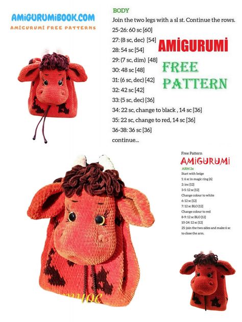 Cow Backpack Amigurumi Free Pattern – Amigurumibook.com Crochet Animal Heads, Cow Backpack, Animal Backpacks, Crochet Backpack, Bag Pattern Free, Crochet Cow, Crochet Animals Free Patterns, Backpack Pattern, Amigurumi Free