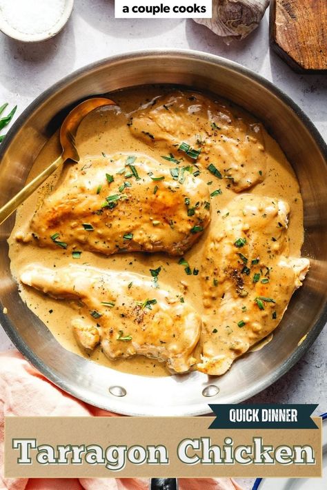 This Tarragon Chicken is a one-skillet wonder! Juicy chicken breasts are simmered in a creamy tarragon sauce for a flavorful, easy weeknight dinner. Pop over to our site for the chicken recipe! Tarragon Chicken Recipe, Tarragon Recipes, Tarragon Sauce, Best Fish Recipes, Tarragon Chicken, Winter Salad Recipes, A Couple Cooks, One Skillet, Vegan Salad Recipes