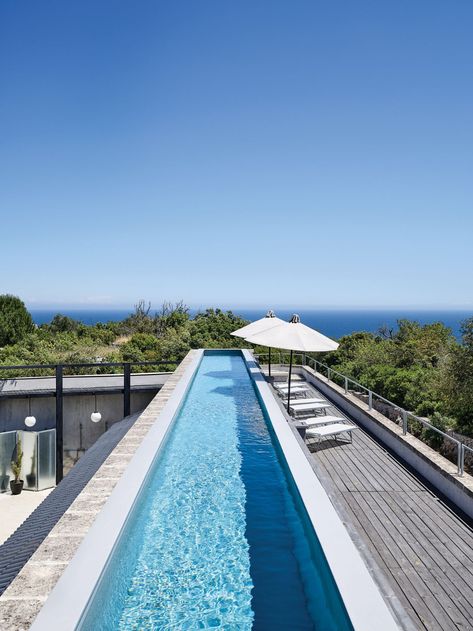 A troughlike rooftop pool added by the architect faces the Ionian Sea. House With Rooftop Pool, Rooftop Pool Ideas, Italy Garden, Terrace Designs, Dream Gym, Swimming Pool Tiles, Swimming Pools Inground, Garage Apartment, Italian Home