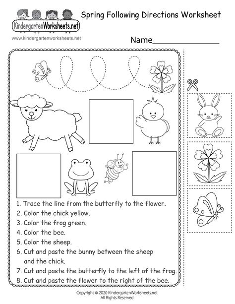 This spring activity worksheet is designed to help kids improve their ability to follow directions. Students have to complete eight separate tasks. They need to read, trace, cut and paste, identify animals, color, and apply spatial concepts to finish the tasks correctly. Following Directions Worksheet, Follow Directions Worksheet, Directions Worksheet, Following Directions Activities, Education Worksheets, Spring Worksheet, Worksheet Kindergarten, Sequencing Worksheets, Spring Kindergarten