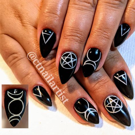 For my #WitchyWoman @yungmoneymillz #Wiccan symbols - the #goddess #earth #air #spirit #fire #water #god #witch #witchnails #fallnails… Wiccan Nail Designs, Wiccan Nails, Witch Nail Art, Air Spirit, Scary Nail Art, Nail Stamping Designs, Scary Nails, Water God, Sharp Claws