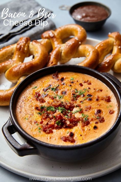 Looking for the perfect cheesy appetizer dip? This Bacon Beer Cheese Dip is smoky and flavorful - better than anything you can find in the grocery store. Pair it with some salty homemade pretzels or use it as homemade nacho dip Beer Dip Recipe, Warm Bean Dip, Hot Dips, Cheddar Dip, Cheese Dips, Homemade Nachos, Cheesy Appetizer, Beer Bacon, Beer Cheese Dip