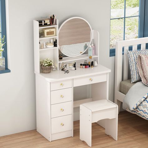 Wade Logan® Hermanson Vanity Set with Mirror | Wayfair Beautiful Verses, Bedroom Makeup Vanity, Dressing Table Set, Room Makeover Bedroom, Dressing Table With Stool, Vanity Table, Teen Bedroom, Game Room Furniture, Mudroom Furniture