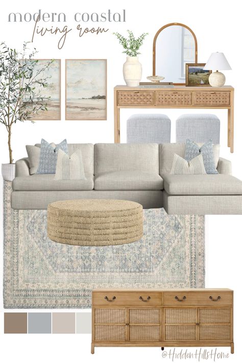 Organic coastal living room decor mood board with blue and tan tones Non Tv Living Room, Cream Beige Blue Living Room, Neutral Beach Apartment, Light Blue Coastal Living Room, Coastal Living Rooms Blue Sofa, Coastal Design Living Room, Transitional Coastal Living Room, Living Room Designs Blue And Gray, Warm Coastal Living Room