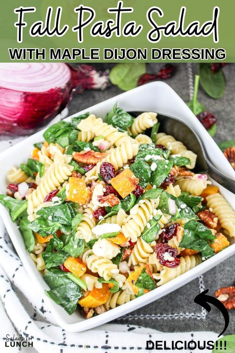 Easy Fall Pasta Salad with Butternut Squash Recipe - Fall is the perfect time to cozy up with hearty and flavorful dishes, and this Fall Pasta Salad is just the ticket! Packed with roasted butternut squash, tart cranberries, crunchy pecans, and a tangy Maple Dijon Dressing, this salad brings all the seasonal goodness together in one big bowl. Pasta Salads For Thanksgiving Dinner, Cold Pasta Salad Recipes For Thanksgiving, November Lunch Ideas, Thanksgiving Pasta Salad With Butternut Squash, Fall Pasta Salads For Parties, Thanksgiving Pasta Salad, Fall Harvest Pasta Salad, Fall Pasta Salad, Vegetarian Super Bowl