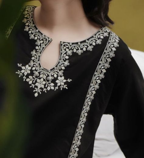 Kurta Neck Embroidery Designs, Embroidery On Black Kurti, Neck Embroidery Designs For Suits, Black Dress Embroidery Design, Machine Embroidery Designs For Kurti, Black Embroidery Kurti, Black Suit Embroidery Designs, Black Embroidery Suit, Hand Embroidery Designs For Kurti