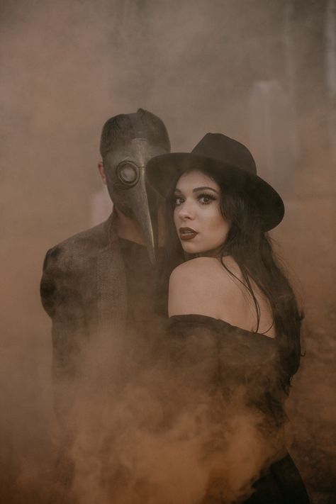 Spooky Halloween couples shoot in Idaho Springs, Colorado #smokebombs #pumpkins #smokephotography #moodyedit Kat Blackthorne, Halloween Shot Ideas, Halloween Styled Shoot, Idaho Springs Colorado, Safe With Me, Colorado Destination Wedding, Horror Photography, Halloween Couples, Bouidor Photography