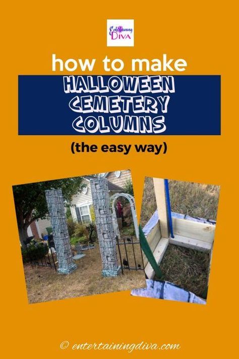 Learn the easy way to make a spooky Halloween graveyard entrance with this step by step tutorial for DIY Halloween cemetery pillars #entertainingdiva  #diyhalloween #halloween  #holidaysandparties Cemetery Pillars, Diy Halloween Cemetery, Graveyard Entrance, Cemetery Fence, Halloween Cemetery, Scene Setters, Yard Haunt, Halloween Graveyard, Picture Wire