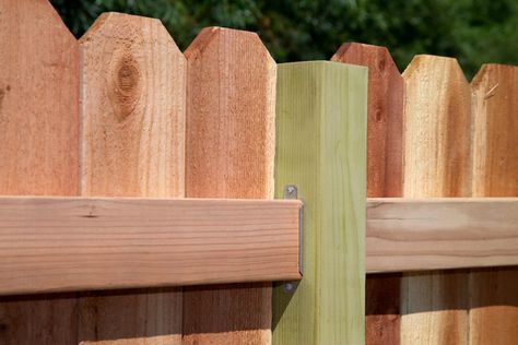 Wood Fence Installation, Bamboo Fencing, Wooden Fence Posts, Home Fencing, Fence Installation, Yard Fence, Rail Bracket, Fencing Ideas, Backyard Fence