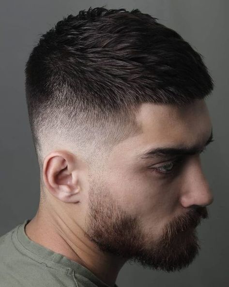 Short Hair with Volume and Fade - This buzz cut feels fancier just because of two things. More volume on top and a sleek taper fade. That�’s all you need to make a generic buzz cut into a fancy one. Oh, and don’t forget those perfectly carved line ups, details matter! Short Hair Style For Men, Men Short Haircut Styles, Stylish Men Haircuts, Short Hairstyles For Men Fade, Short Hairstyle Men, Haircut For Men Short, Short Hair Cuts For Men, Men's Short Haircut, Mens Short Haircut