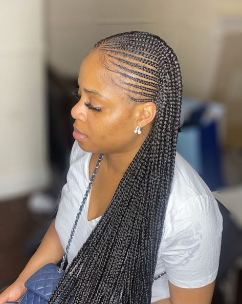 30 Beautiful Cornrow All-Back Styles For 2021 | ThriveNaija Long Hair Bread Style, Latest Cornrows 2023, Shade Adu Nigerian Hairstyle, Latest Hair Styles 2023, Half Head Braids, Fulani Hairstyles, Conrows Lines And Braids, Half Cornrows Half Box Braids, Trending Cornrows