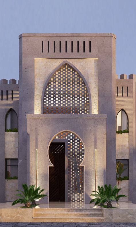 Arabian House on Behance Moroccan Architecture Exterior, Islamic House Design, Islamic Architecture Modern, Middle Eastern House, Modern Islamic Architecture, Arabian House Design, Islamic Architecture House, Arabian Architecture, Arabic House