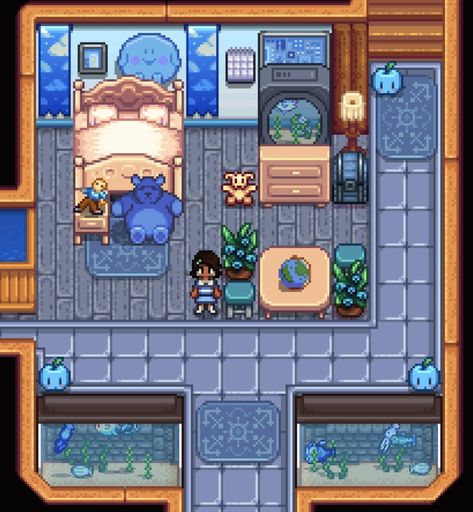 Stardew Krobus Room, Stardew Valley House Interior Modern, Stardew Valley Beach House Interior, Stardew Valley House Interior Blue, Stardew Valley Home Decor, Stardew Valley Kids Room Design, Stardew Nursery, Stardew Decor Ideas, Stardew Valley Bedroom Design