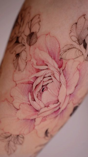 Karolina Szymańska | Floral Tattooartist on Instagram: "Freehand peonies for Natalia 🌸🫶🏻 thank you for trust! #tattoo#peonytattoo#delicatetattoo#pinktattoo#forearmtattoo#wowtattoo#inkedgirls#peoniestattoo#tattooedgirls#inkedup#tattoolife#tattoostyle#tattoomodel#tattoodesign" Wrist Peony Tattoo, Light Pink Peony Tattoo, Pink Fine Line Tattoo, Pink Peonies Tattoo, Cabbage Rose Tattoo, Flower Tattoos With Color, Flower Peony Tattoo, Pink Flowers Tattoo, Quantum Tattoo