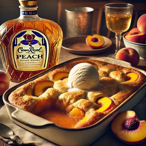 Crown Royal Peach Cobbler: A Boozy Twist on a Classic Dessert - Gimme Recipe Crown Royal Peach Recipes, Crown Royal Peach Cobbler, Crown Royal Peach, Peach Desserts, Peach Recipe, Classic Desserts, Peach Cobbler, Egg Rolls, Crown Royal