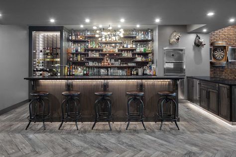 18 Majestic Industrial Home Bar Ideas You're Going To Enjoy Industrial Bar Design, Bar Shelf Ideas, Industrial Home Bar, Modern Home Bar Designs, Cafe Bar Design, Home Bar Ideas, Home Bar Rooms, Modern Home Bar, Basement Bar Designs