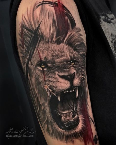 Lion With Scar On Eye Tattoo, Scarred Lion Tattoo, Eye Scar, Mouth Tattoo, Blood Tattoo, Tattoo Ideas Males, Neon Tattoo, Lion Eyes, Celestial Tattoo