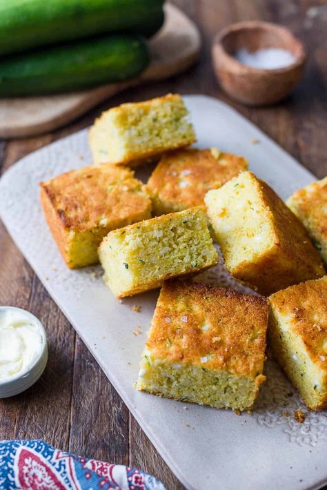 Zucchini Cornbread - A savory cornbread made with zucchini, onions, cornmeal, and a secret ingredient: cottage cheese! Perfect for zucchini season! Zucchini Cheese Bread, Zucchini Cornbread, Buttermilk Banana Bread, Savory Cornbread, Zucchini Corn, Zucchini Cheese, Raspberry Scones, Bread Kitchen, Herb Stuffing