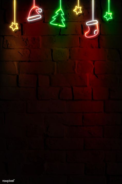 Stars, Santa hat, stocking and Christmas tree neon sign on a dark brick wall vector | premium image by rawpixel.com / NingZk V.  ##vector #vectorart #digitalpainting #digitalartist #graphicdesign #sketch #digitaldrawing #doodle #illustrator #digitalillustration #modernart #christmas Christmas Neon Wallpaper, X Mas Background, X Mas Wallpaper, Dark Christmas Wallpaper, Christmas Bg, Santa Wallpaper, Dark Brick Wall, Christmas Pattern Background, Xmas Background