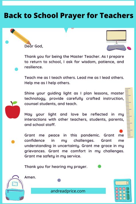 Back to School Prayer for Teachers - Andrea D. Price Back To School Prayer For Teachers, Morning Prayer For Teachers, Prayers For Students And Teachers, Prayer For School Student Classroom, Preschool Prayers, Teacher Prayer Back To School, Prayer For Teachers, Teachers Prayer, School Poem