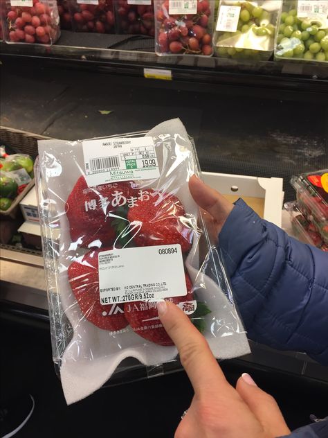 $20 for four strawberries at a Japanese supermarket in Edgewater Holding Strawberry, Japanese Supermarket, Tokyo Trip, Tokyo Travel, Strawberries, Amazing Things, Takeout Container, Tokyo, Japan