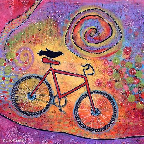 Whimsical Bird Art, Raven Print, Artwork For Kids, Bike Painting, Bike Art Print, Raven Artwork, Bicycle Art Print, Red Bike, Bike Illustration