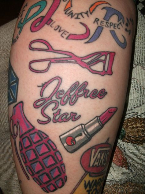 Jeffree Star tribute tattoo done by Me. Jeffree Star Boyfriend, Jeffree Star Tattoos, Jeffree Star Skin, Jeffree Star Myspace, Jeffree Star Instagram, Tribute Tattoos, Jeffree Star, Tattoo Work, Star Tattoos