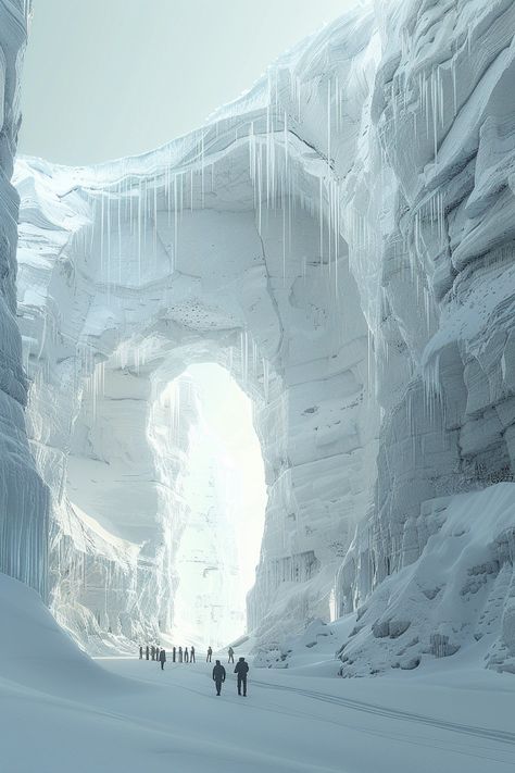 people are standing by the portal leading to an underground cave, in the style of futuristic visions ,snow scenes, realistic and hyper-detailed renderings, organic architecture, whistlerian, frozen movement, futuristic spacescapes Nuclear Winter Aesthetic, Fantasy Snow Landscape, Ice Architecture, Snow Kingdom, Frozen City, Snow Cave, Dreamscape Architecture, Cave Entrance, Temple Ruins