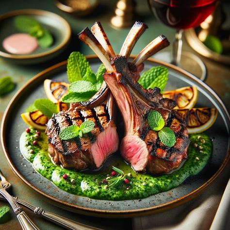 Cooking up Joy - Made with love: Grilled Lamb Chops with Mint Sauce Roast Lamb With Mint Sauce, Minted Lamb Chops, Lamb Chop Plating, Iraqi Cuisine, Fine Dining Menu, Tea Party Sandwiches, Bacon Roll, Food Reference, Irish Dishes