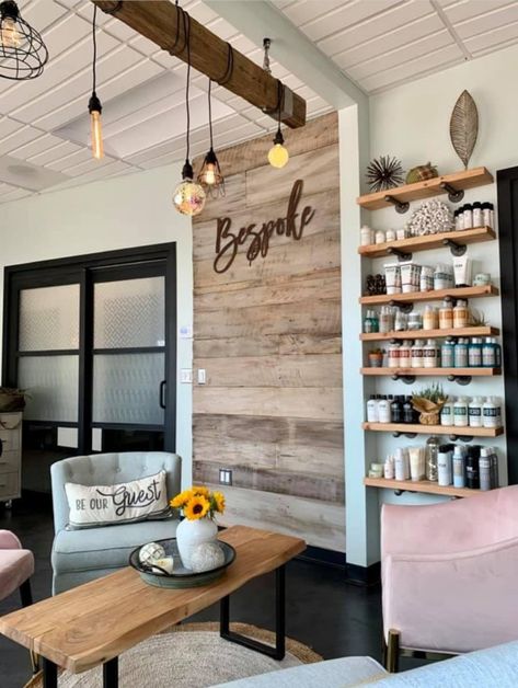 Boutique Hair Salon Interior Design, Small Salon And Boutique Ideas, Hair Salon And Coffee Shop, Farmhouse Hair Salon Rustic, Medspa Decor Rustic, Salon Interior Design Wallpaper, Small Salon Building Ideas, Teal Salon Decor, Hair Salon Booth Ideas