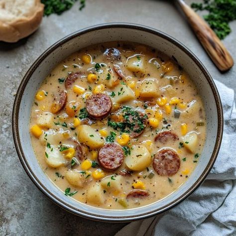 Slow Cooker Sausage & Corn Chowder – A Hearty and Creamy Comfort Dish - NewsBreak Sausage And Corn Chowder, Sausage Corn Chowder Recipe, Sausage Corn Chowder, Sausage Chowder, Farmer Sausage, Slow Cooker Sausage, Crockpot Chicken And Dumplings, Apple Fritter Bread, Crockpot Ideas