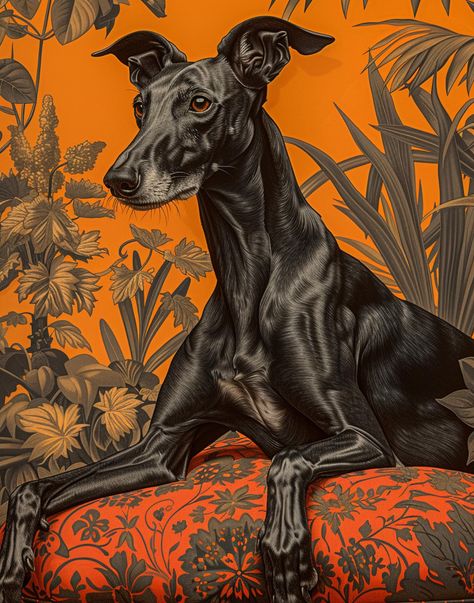 Step into a vibrant world with our "Regal Whippet in Orange Room" digital art print. This bold and eye-catching piece captures the majestic presence of a whippet amidst a lush, orange living room setting. Perfect for those who appreciate unique and striking decor, this print is sure to add a touch of elegance and personality to any space. Usage Ideas: Home Decor: Add a bold statement piece to your living room or bedroom. Office Decor: Elevate your workspace with a touch of vibrant and elegant ar Orange Room, Orange Couch, Greyhound Art, Dog Artwork, Room Setting, Dog Illustration, Elegant Art, Prints Art, Digital Art Print